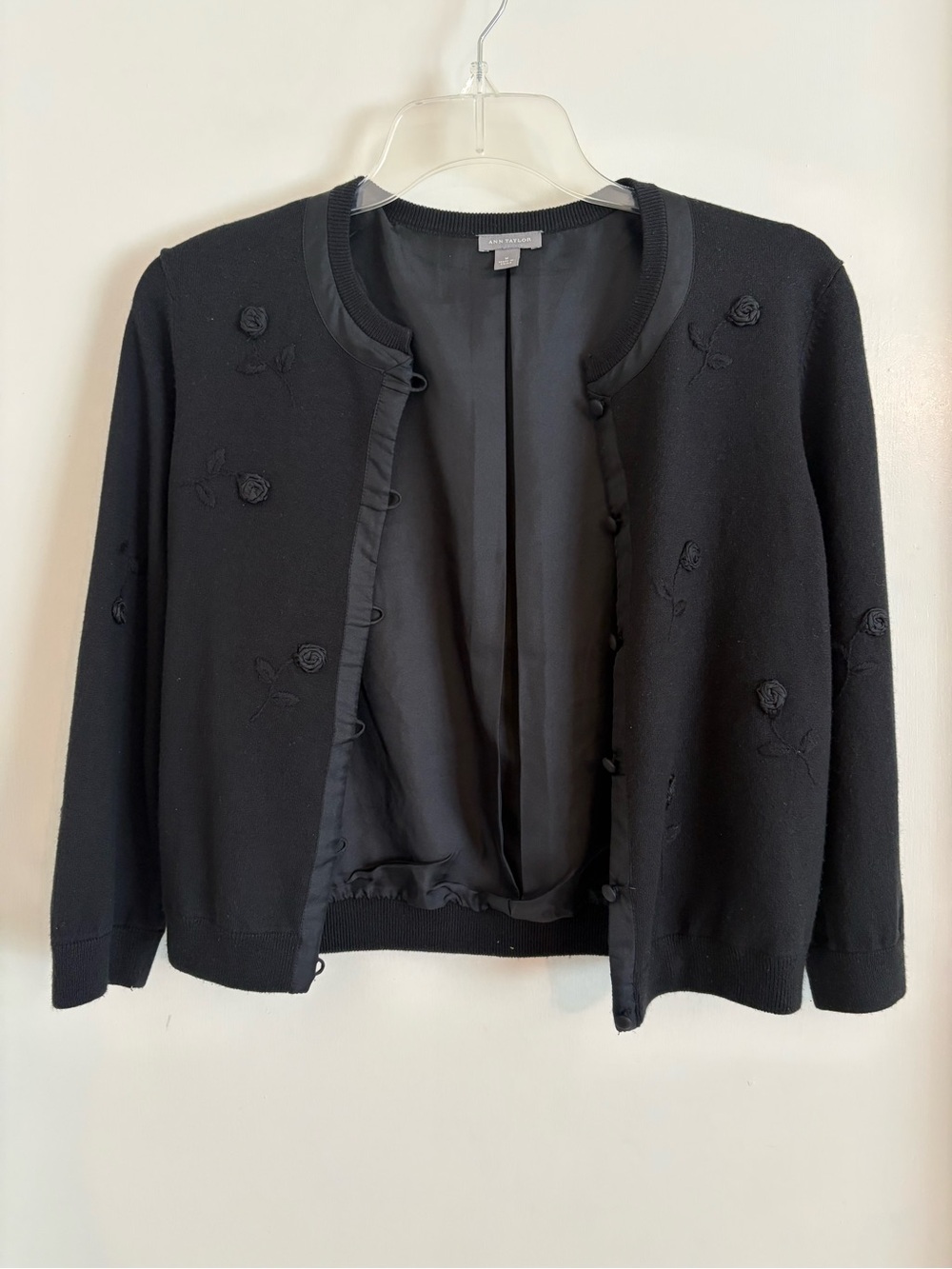 Ann Taylor Black Embroidered Floral Button-Front Jacket - Picture 3 of 7
